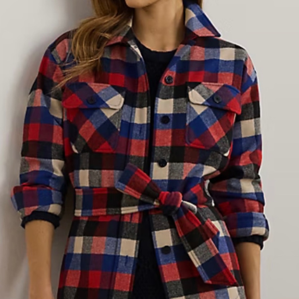 Ralph Lauren Women Buffalo Check Belted Twill Shirt Jacket Wool Size L
